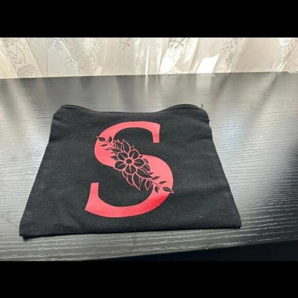 Handbags - Personalized Black Canvas Cosmetic Bag - Red Initial "S" with Floral Design